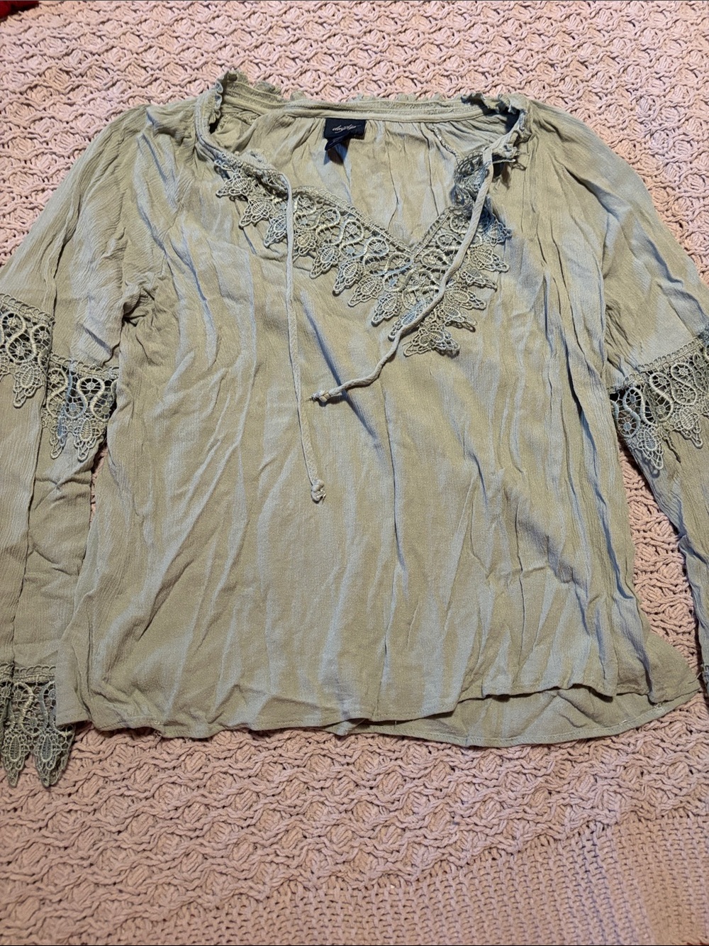 Daytrip Sage Green Crochet-Trim Peasant Top